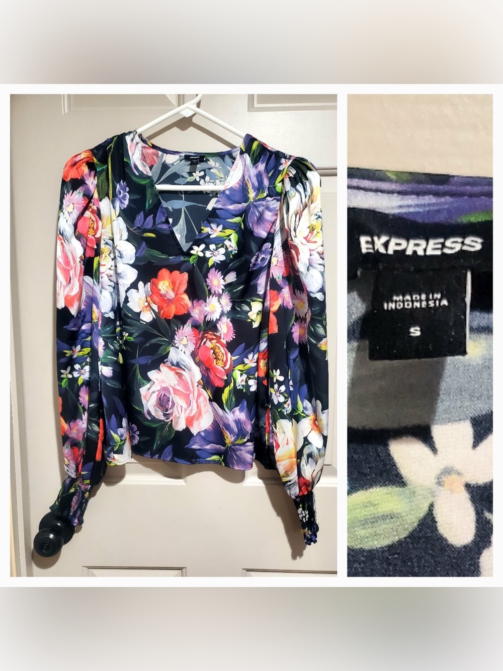 Express Floral Navy V-Neck Long Sleeve Blouse